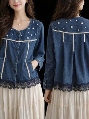Denim St Johns Bay Stretch Swing Re-created Jacket w Pearls, Rhinestones & Lace